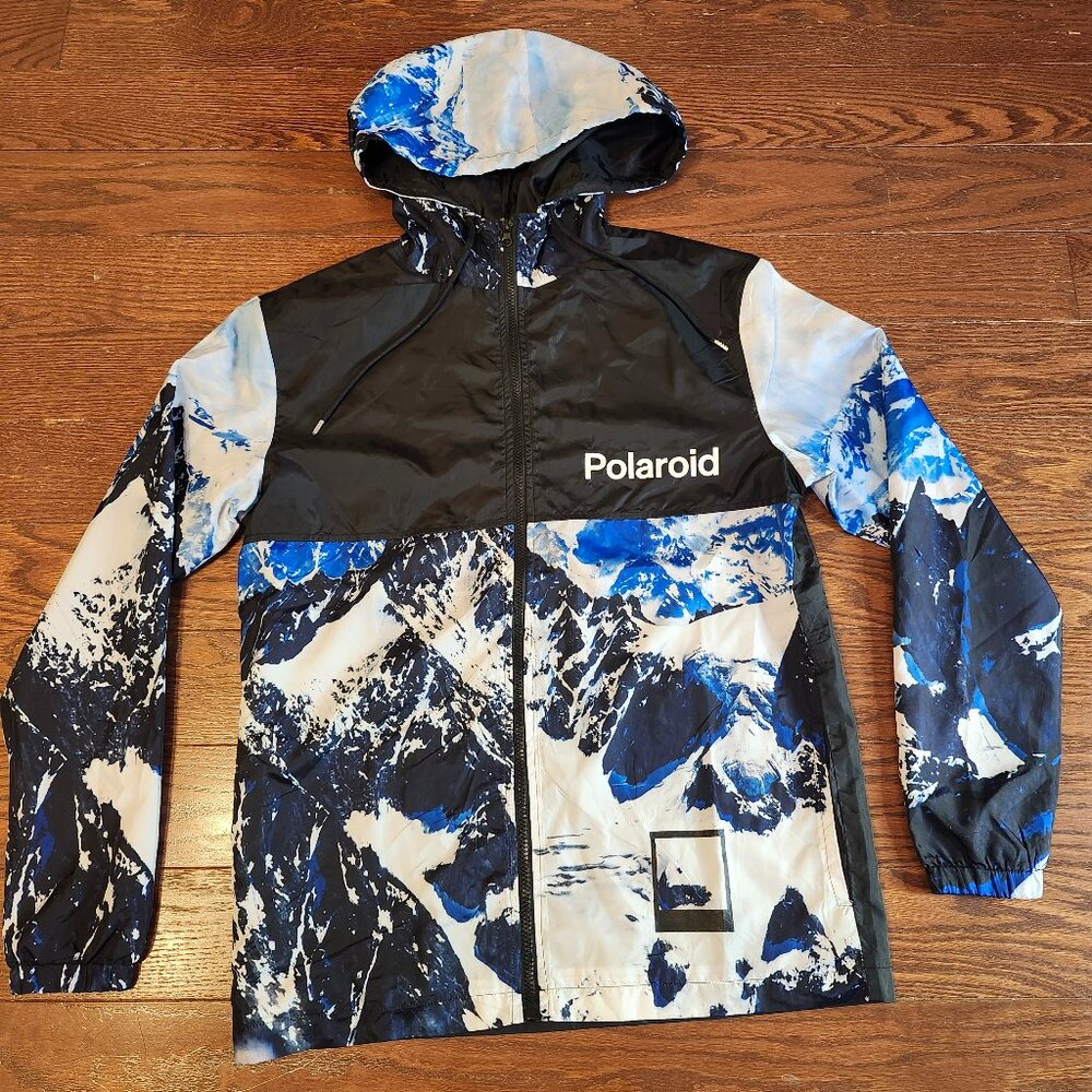 Polaroid Blue Black Mountain Print Windbreaker Jacket Unisex Size Small Full Zip